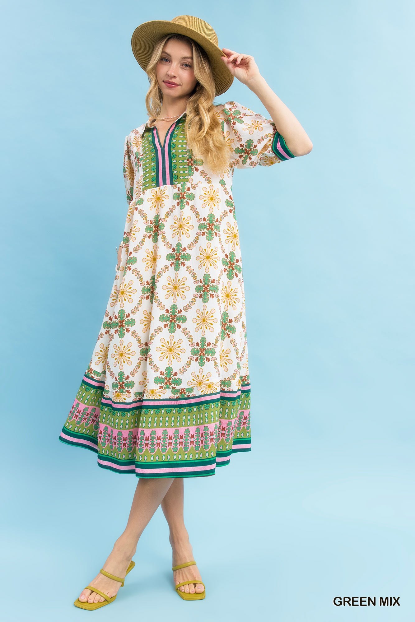 Umgee Green Bloom Trellis Border Midi Dress