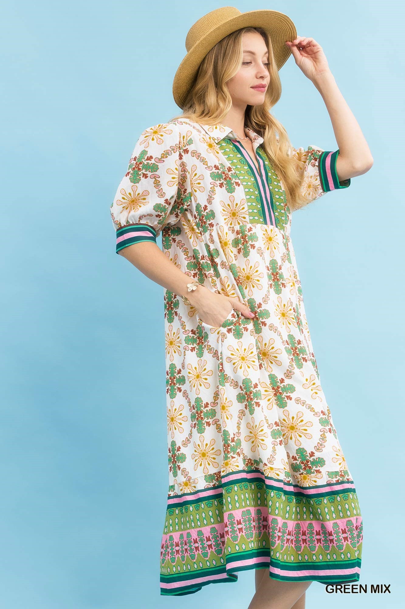 Umgee Green Bloom Trellis Border Midi Dress