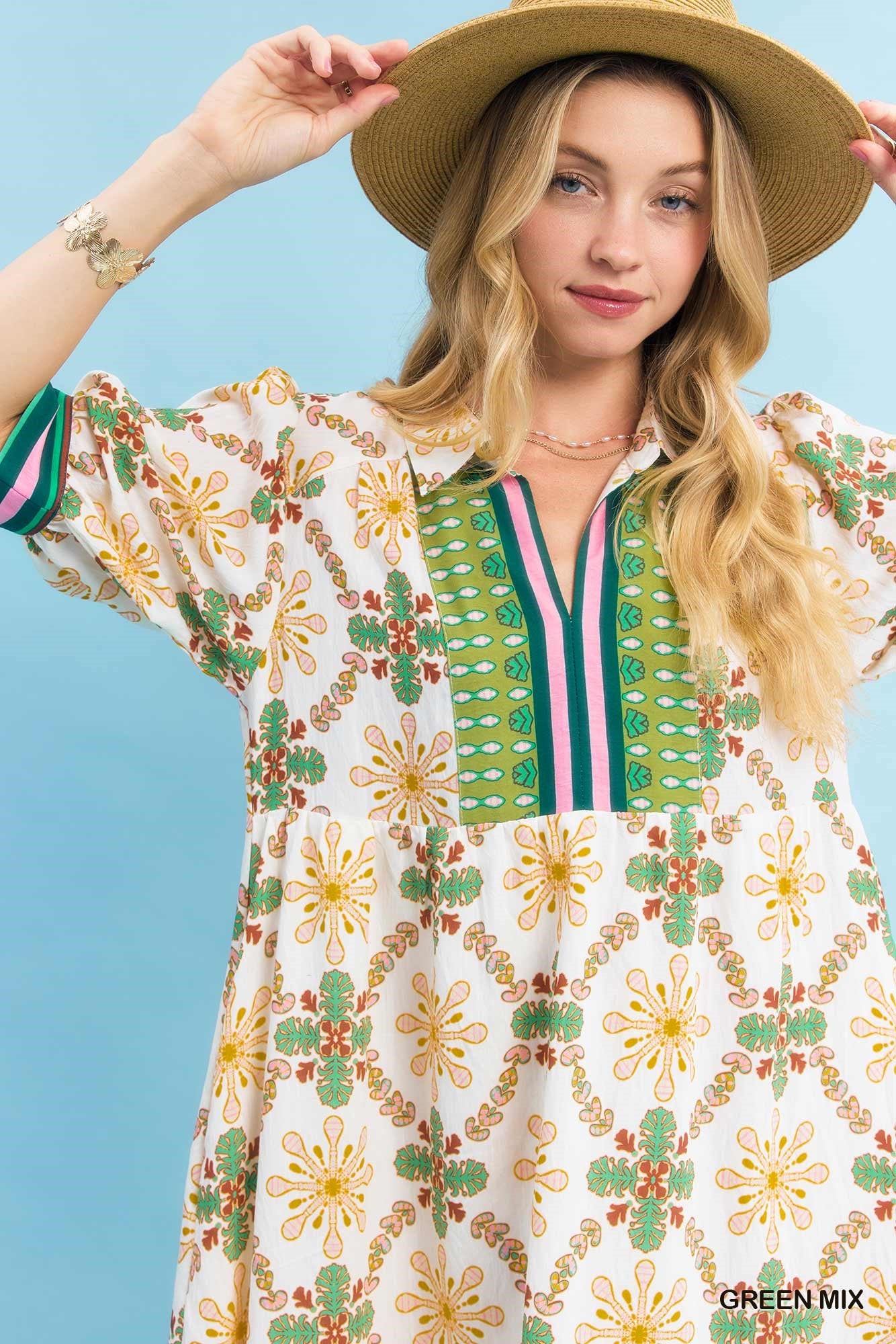 Umgee Green Bloom Trellis Border Midi Dress