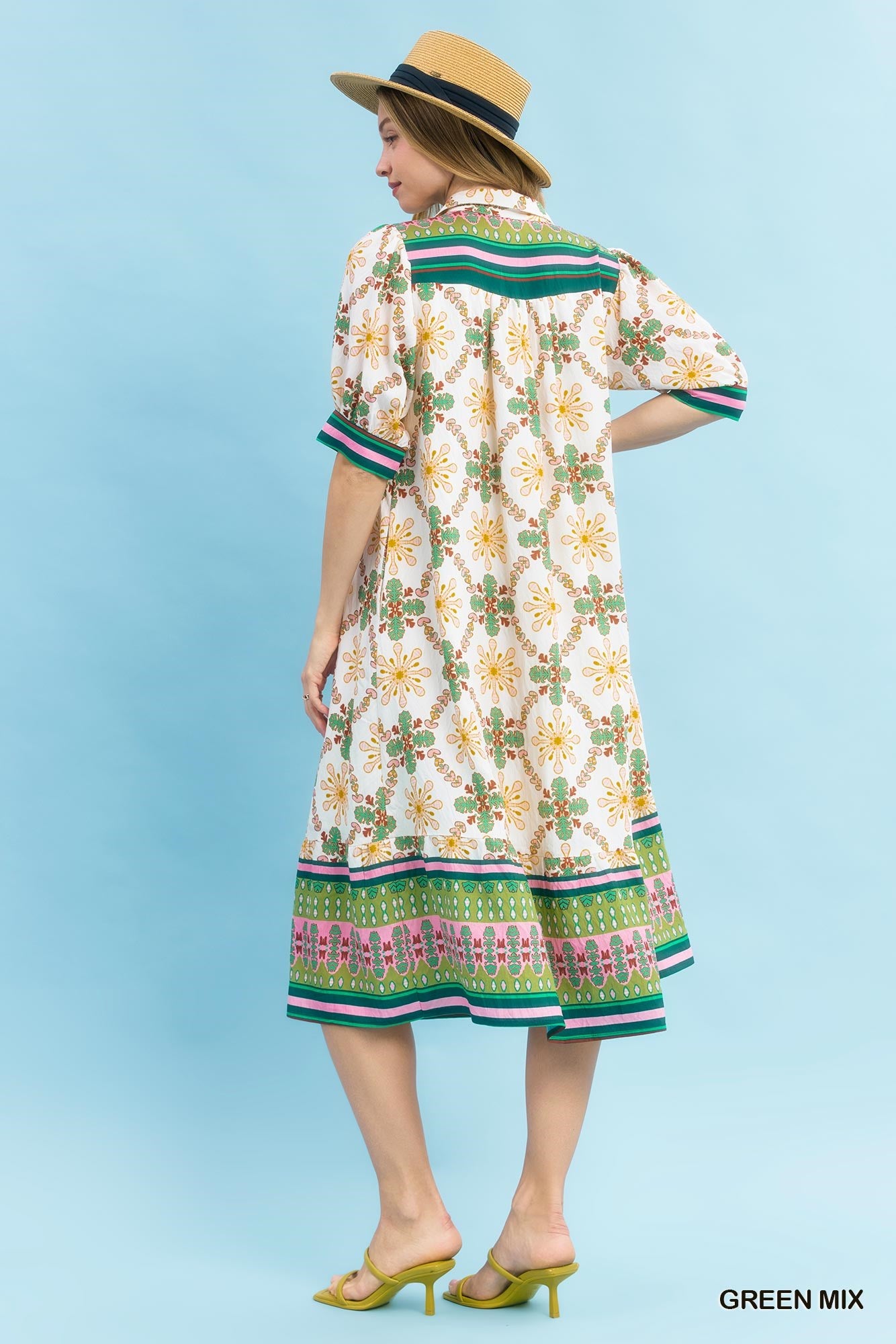 Umgee Green Bloom Trellis Border Midi Dress