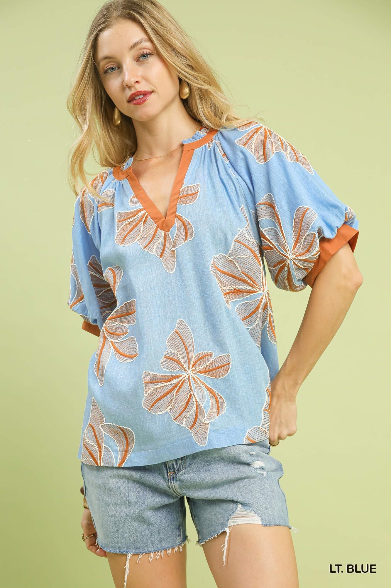 Umgee Blue & Brown Embroidered Linen V-Neck Top