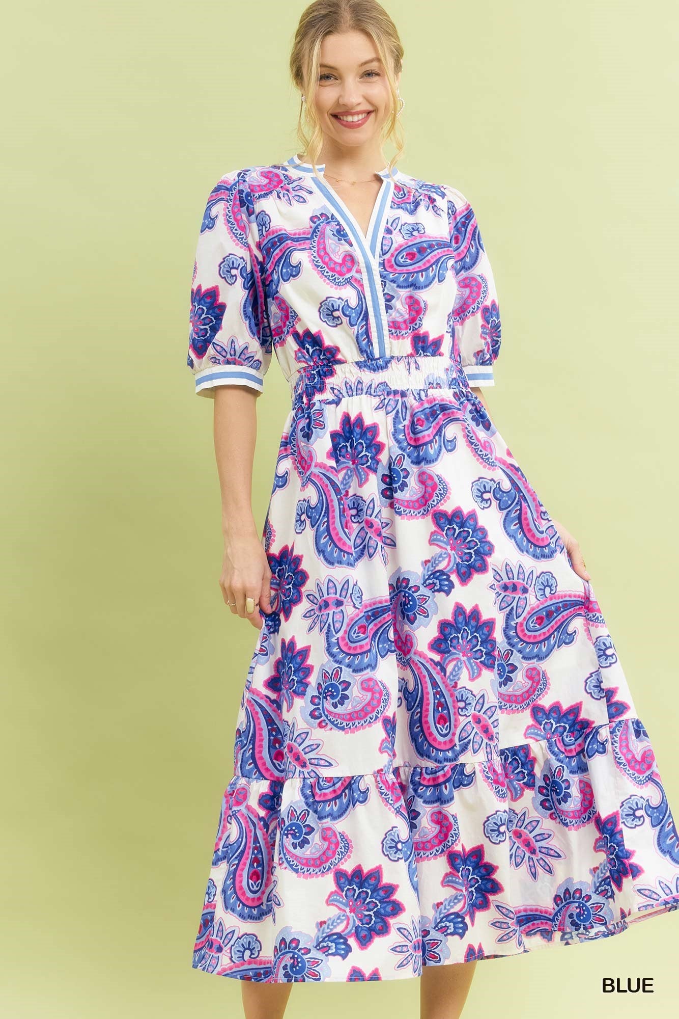 Umgee Blue Paisley Smocked Waist Midi Dress