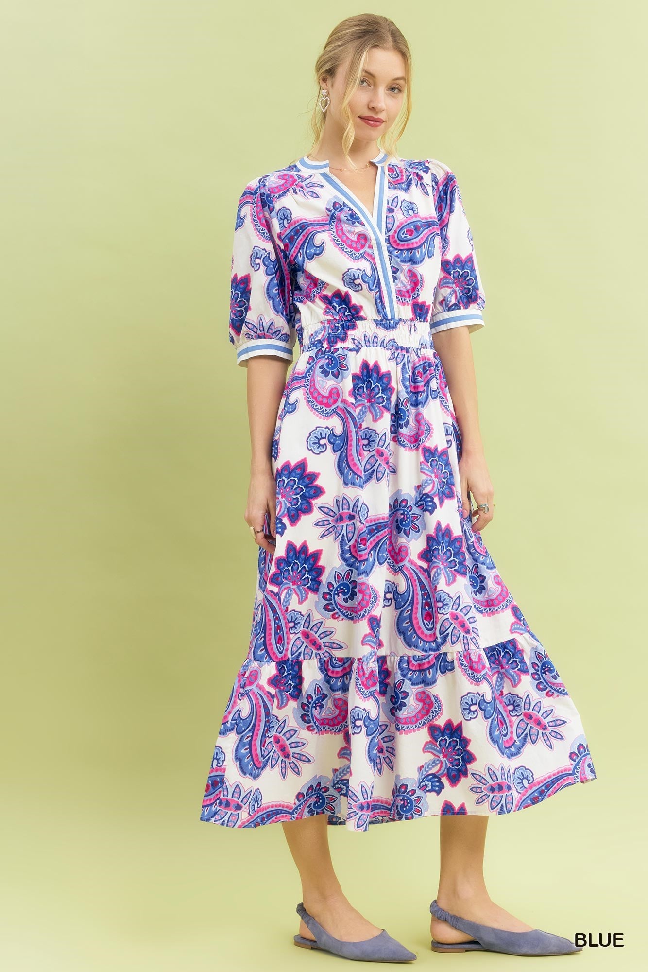 Umgee Blue Paisley Smocked Waist Midi Dress