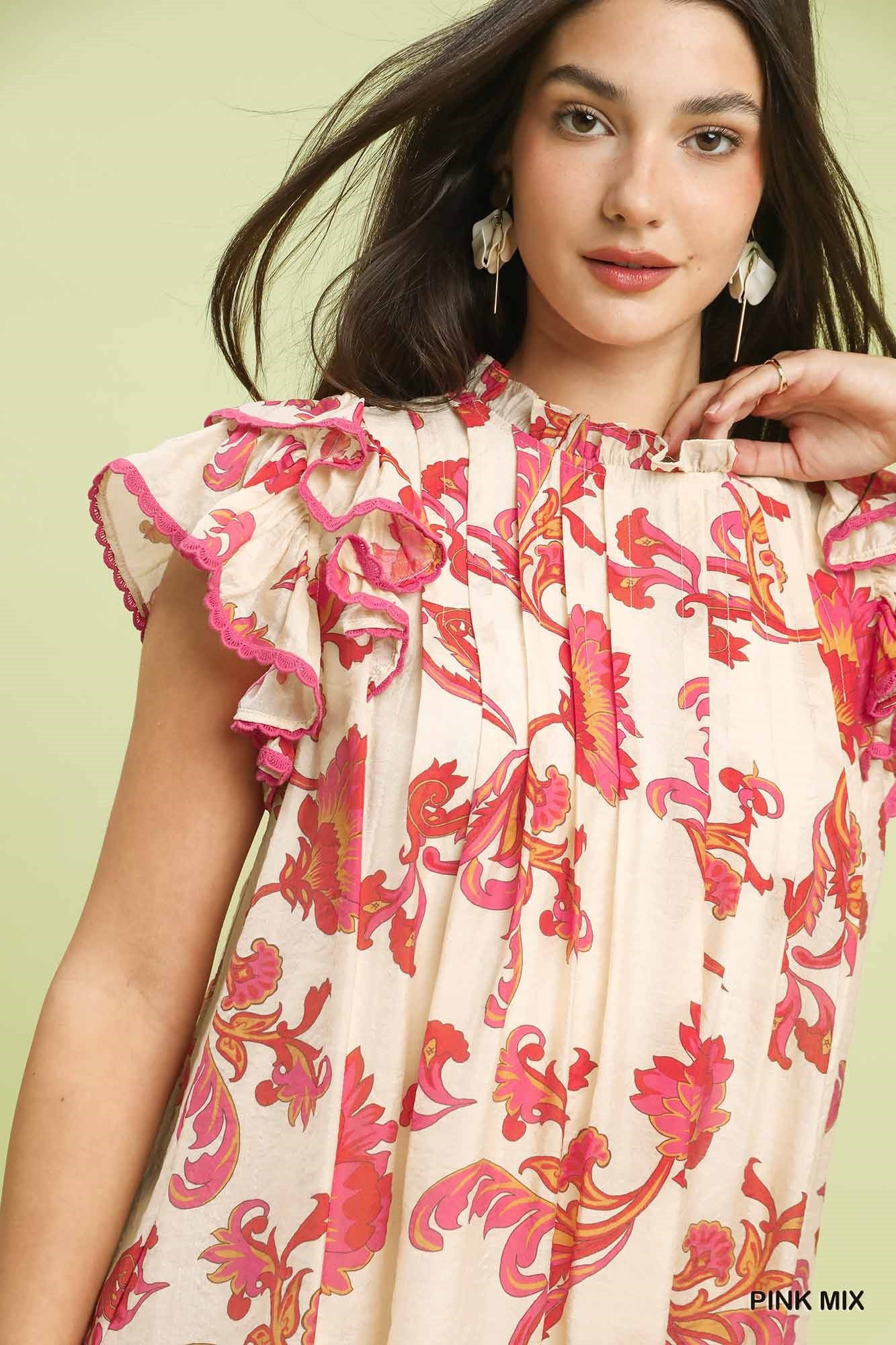 Umgee Pink Floral Ruffle Sleeve Swing Dress
