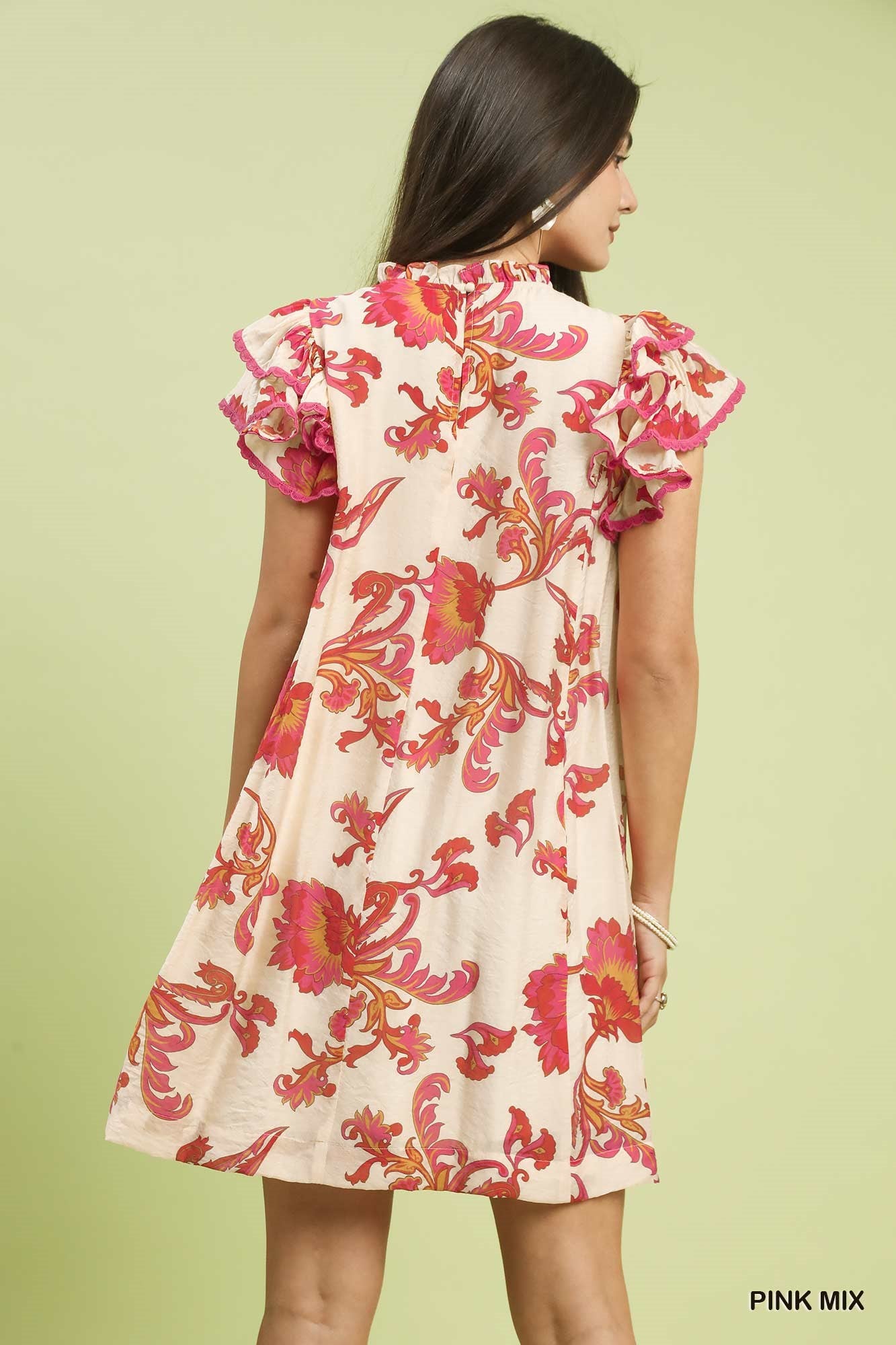 Umgee Pink Floral Ruffle Sleeve Swing Dress