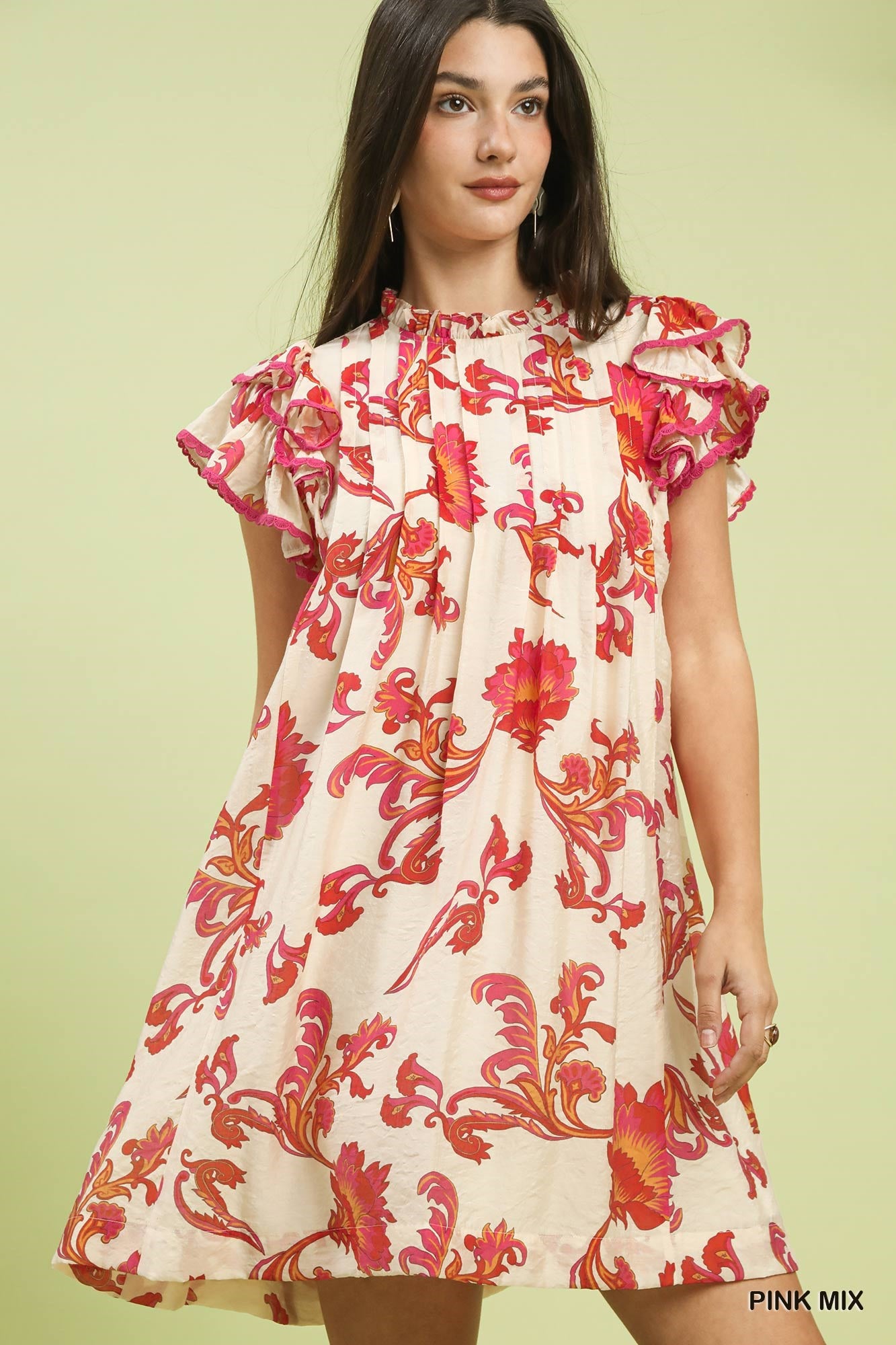 Umgee Pink Floral Ruffle Sleeve Swing Dress