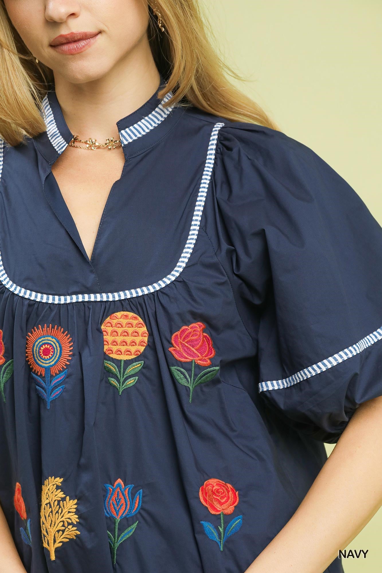 Umgee Navy Embroidered Floral Puff Sleeve Top