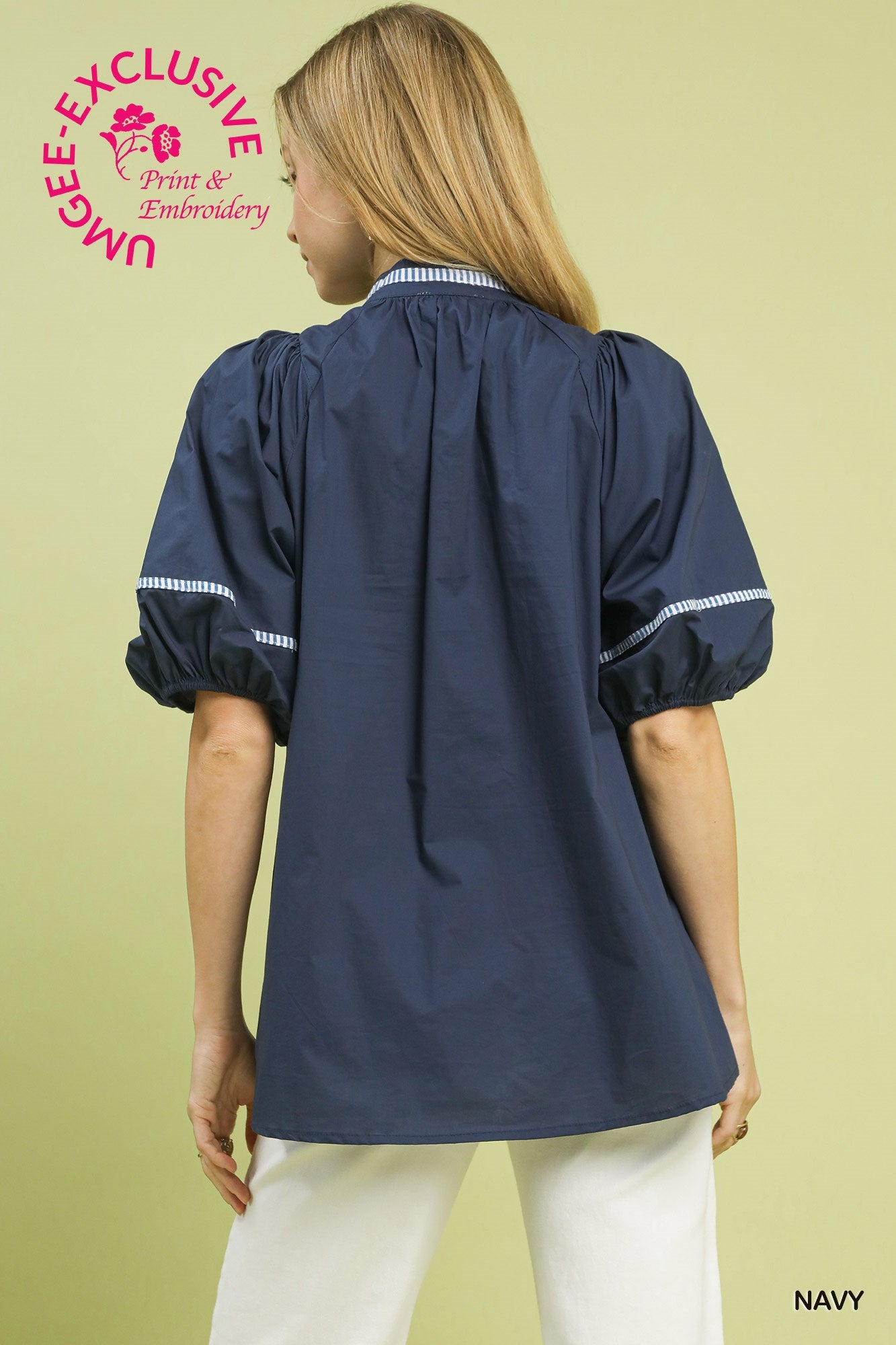 Umgee Navy Embroidered Floral Puff Sleeve Top