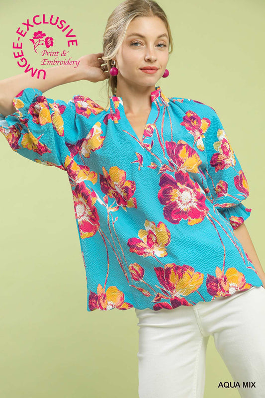 Umgee Aqua Mix Floral Puff Sleeve Top – Seersucker Ruffle Neck Blouse