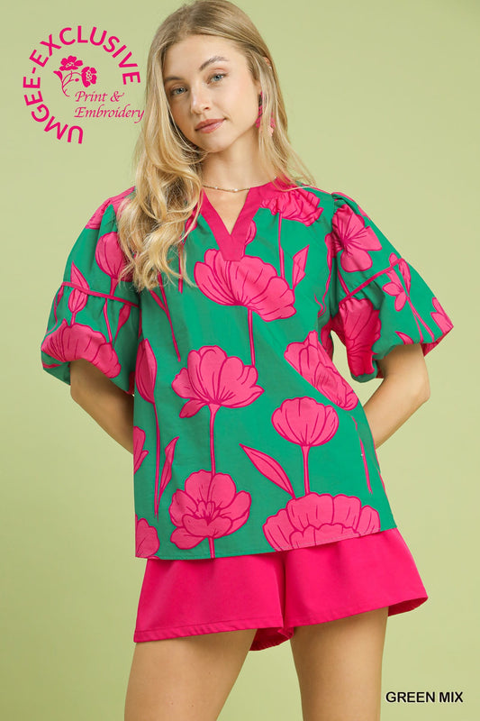 Umgee Floral Puff Sleeve Blouse – Green & Pink Cotton V-Neck Top