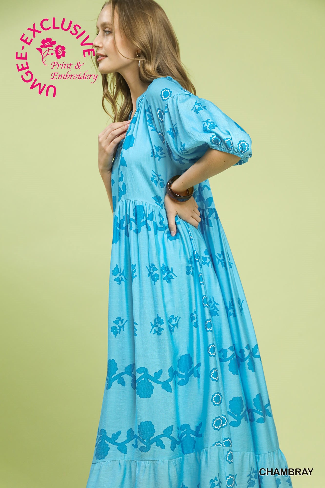 Umgee Exclusive Vine Stippling Print Tiered Maxi Dress – Chambray Blue