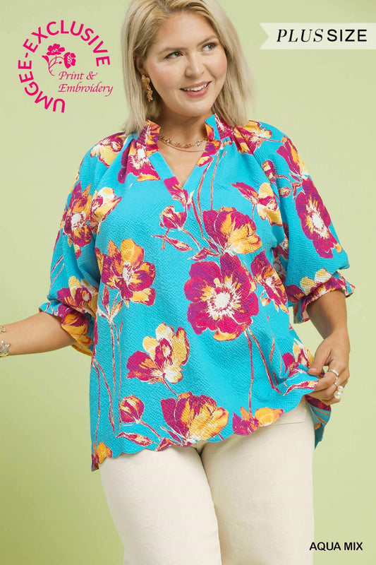 PLUS Umgee Aqua Mix Floral Puff Sleeve Top – Seersucker Ruffle Neck Blouse