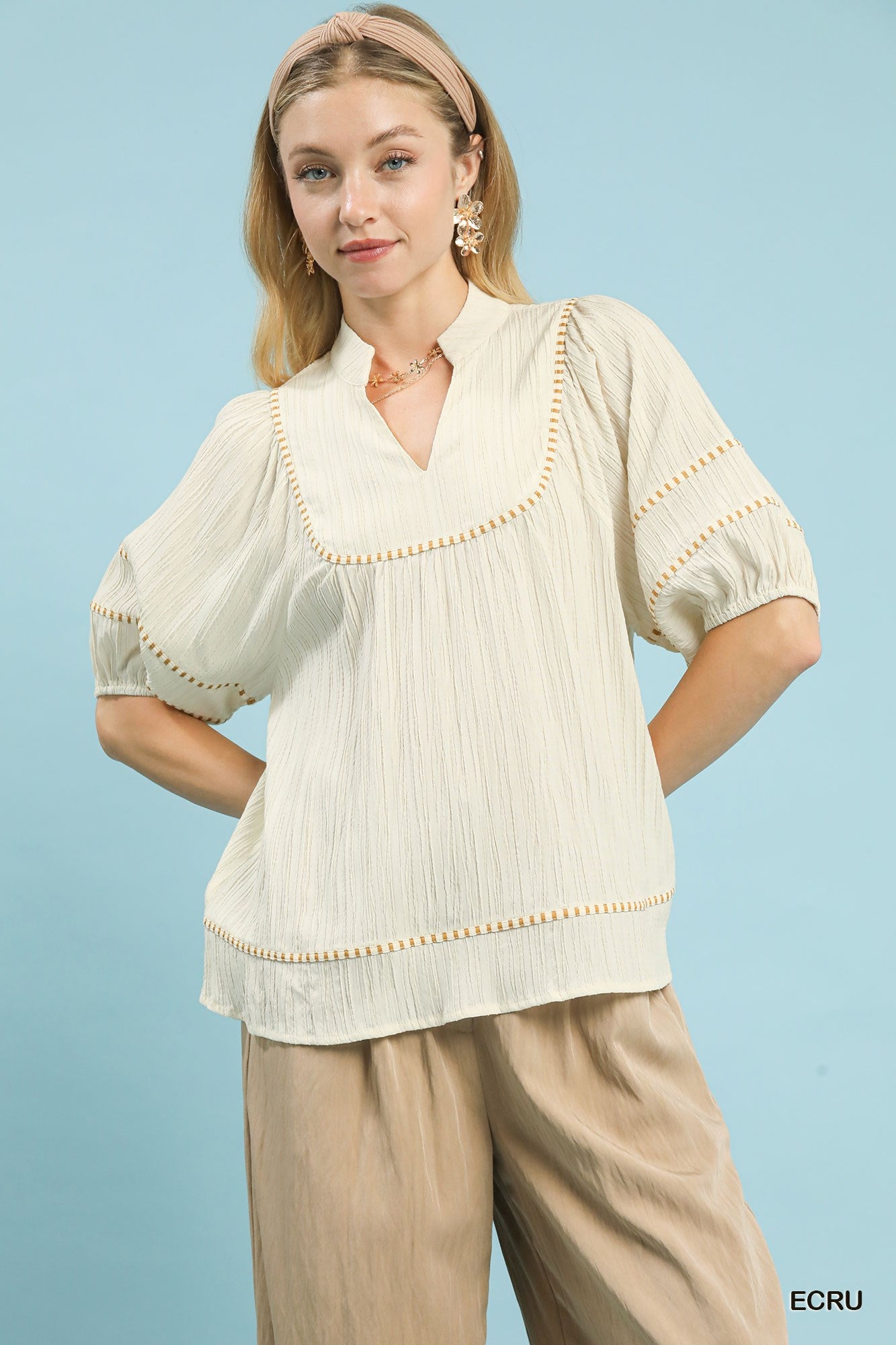 Umgee Ecru Textured Contrast Trim Top
