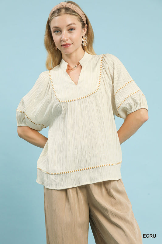 Umgee Ecru Textured Contrast Trim Top