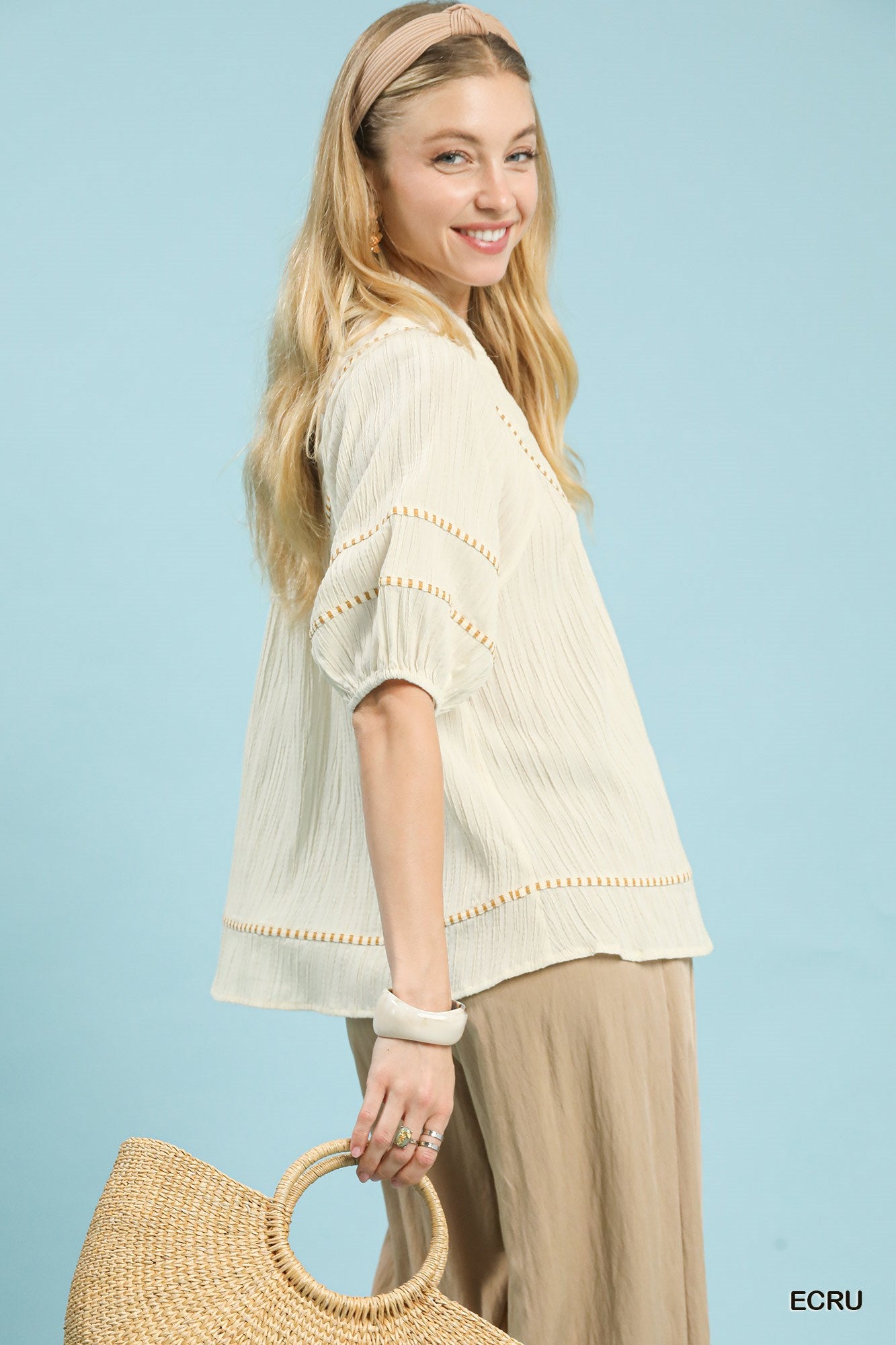 Umgee Ecru Textured Contrast Trim Top
