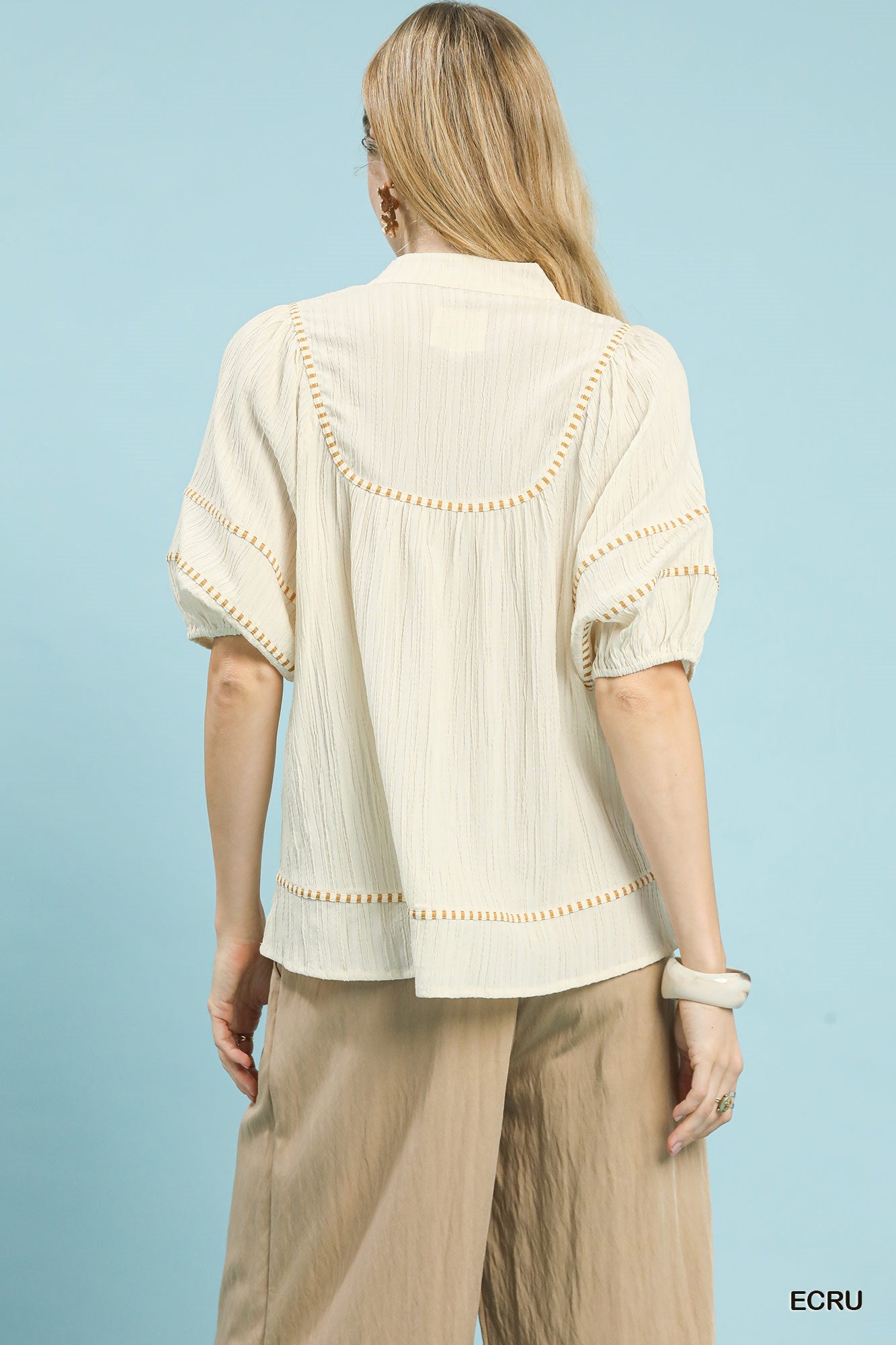 Umgee Ecru Textured Contrast Trim Top