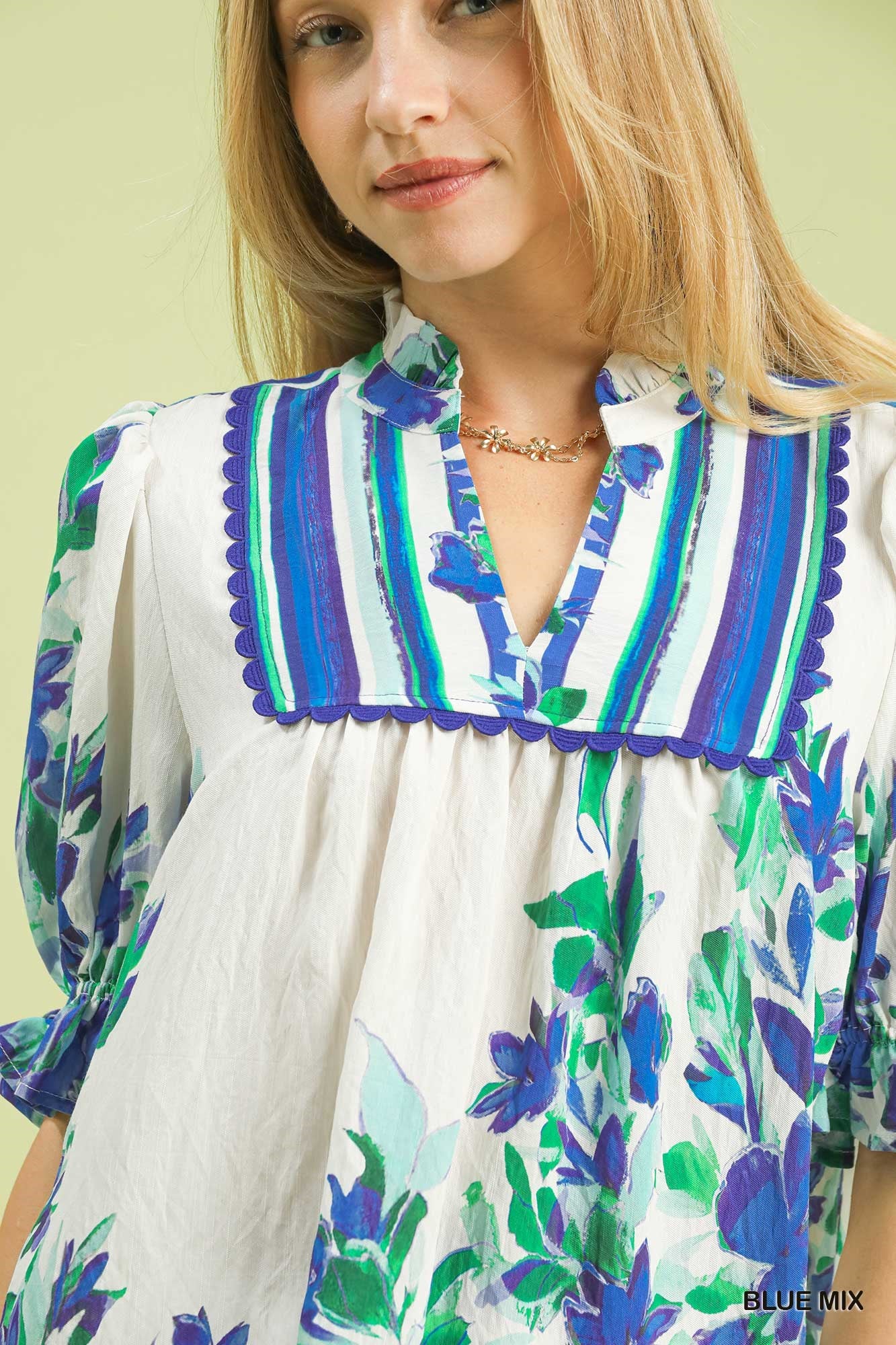Umgee Blue Floral Puff Sleeve Babydoll Top