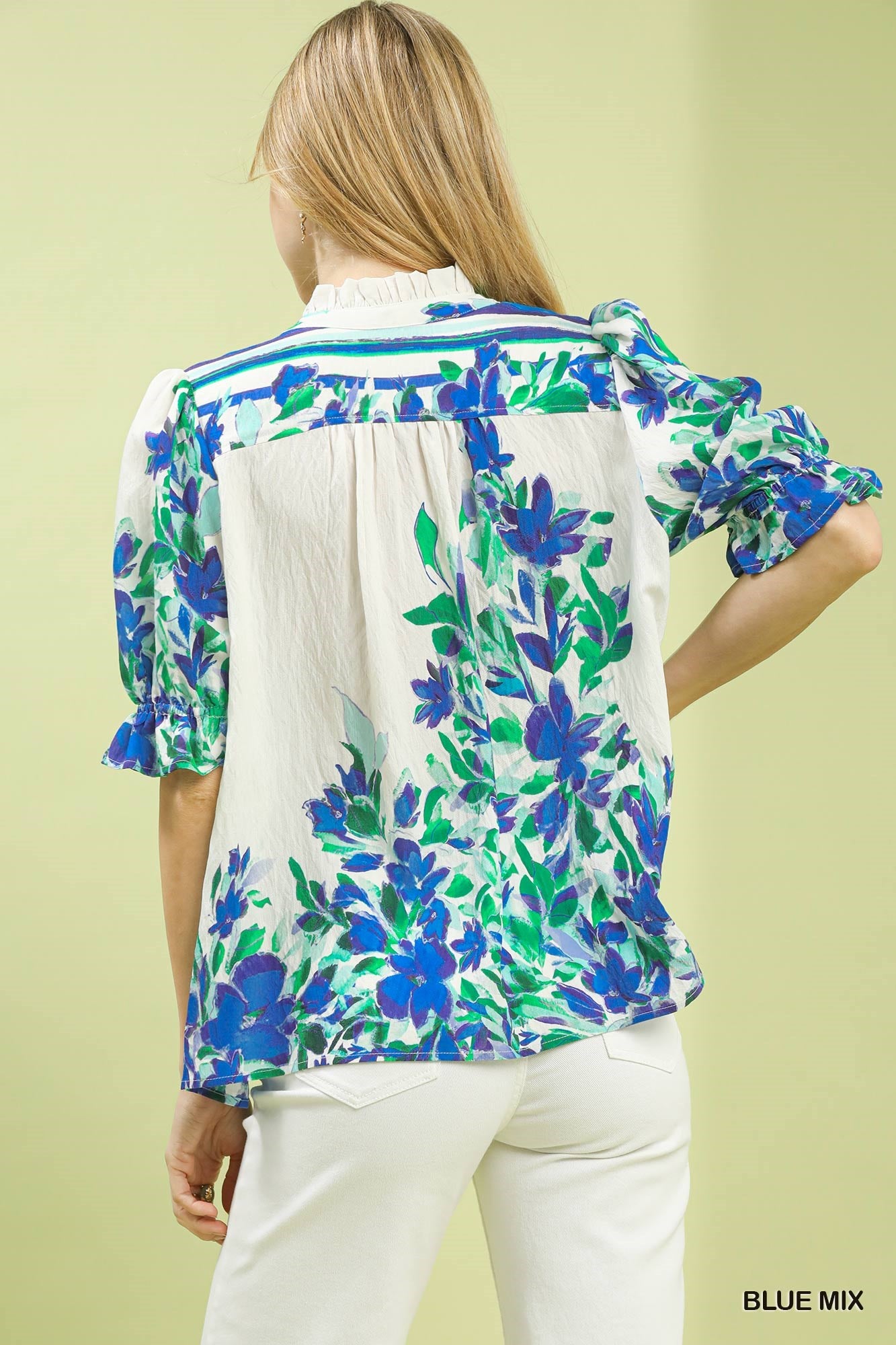 Umgee Blue Floral Puff Sleeve Babydoll Top