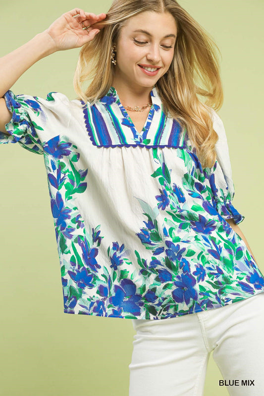 Umgee Blue Floral Puff Sleeve Babydoll Top