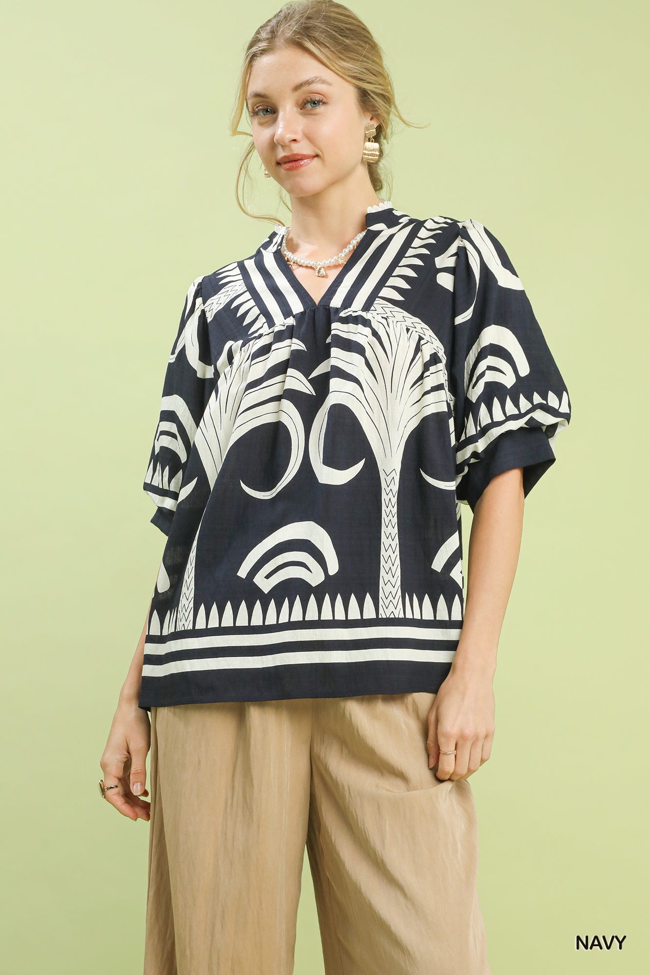 Umgee Folk Art Palm Print V-Neck Top - Navy