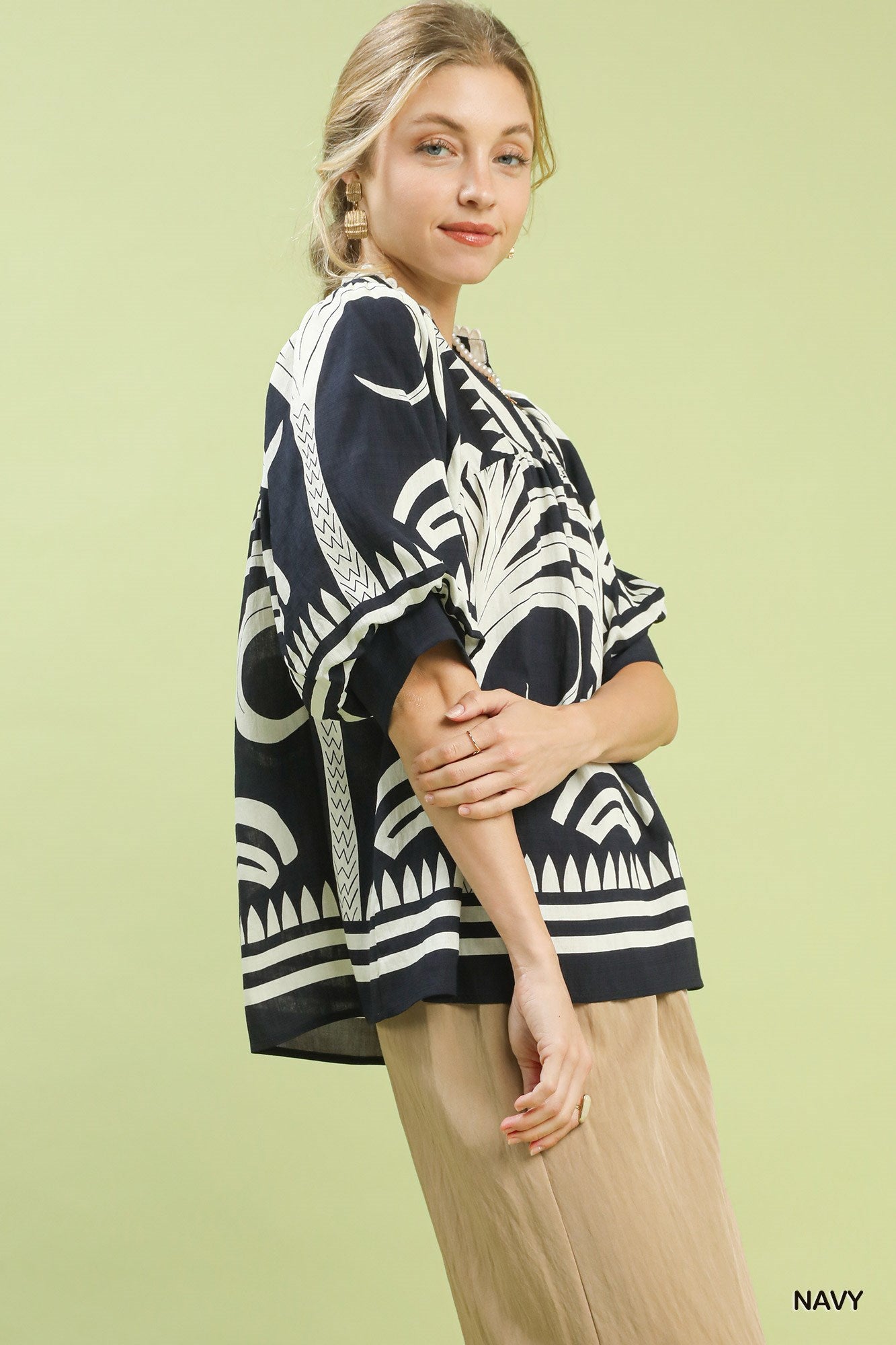 Umgee Folk Art Palm Print V-Neck Top - Navy