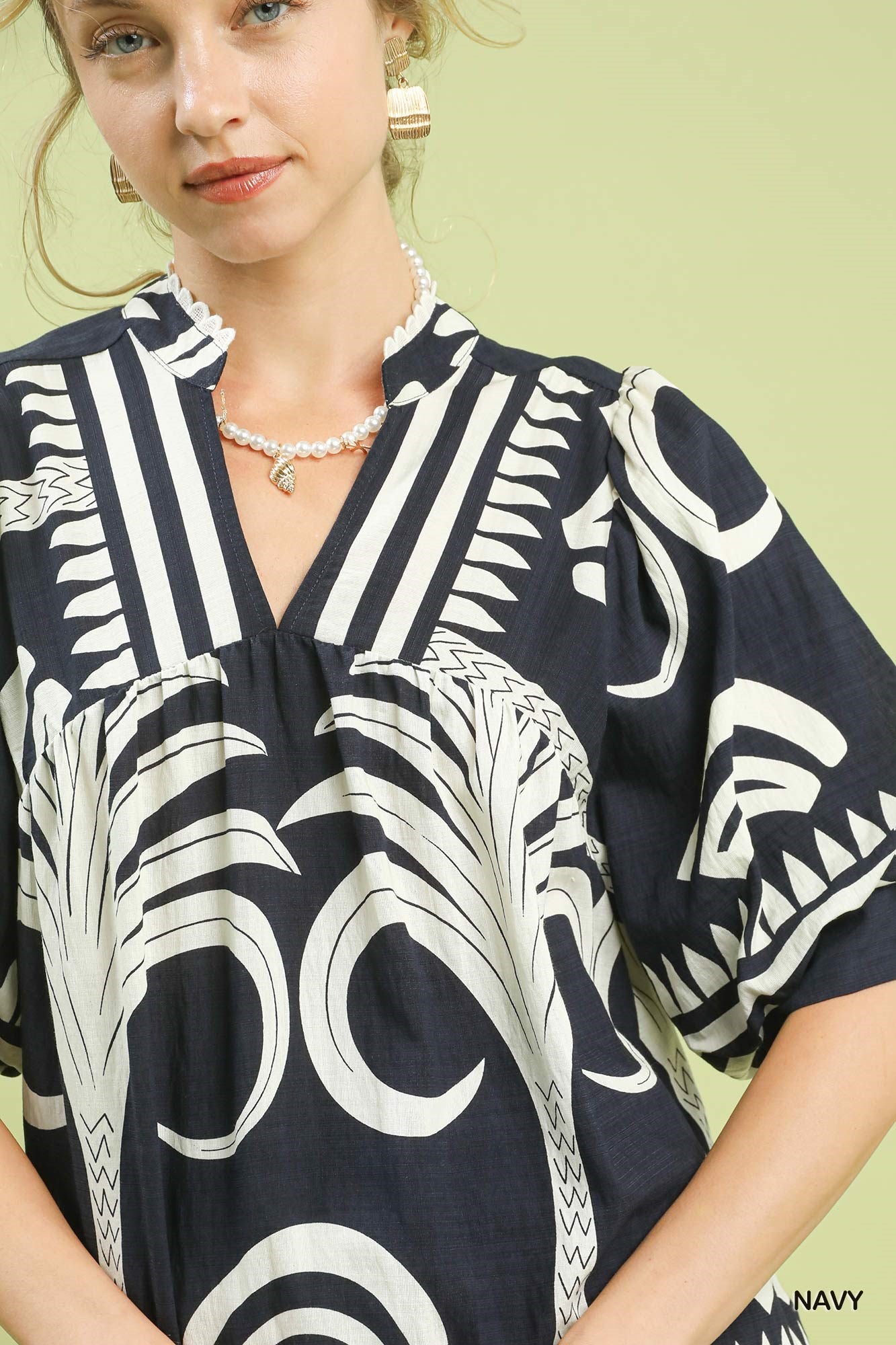 Umgee Folk Art Palm Print V-Neck Top - Navy