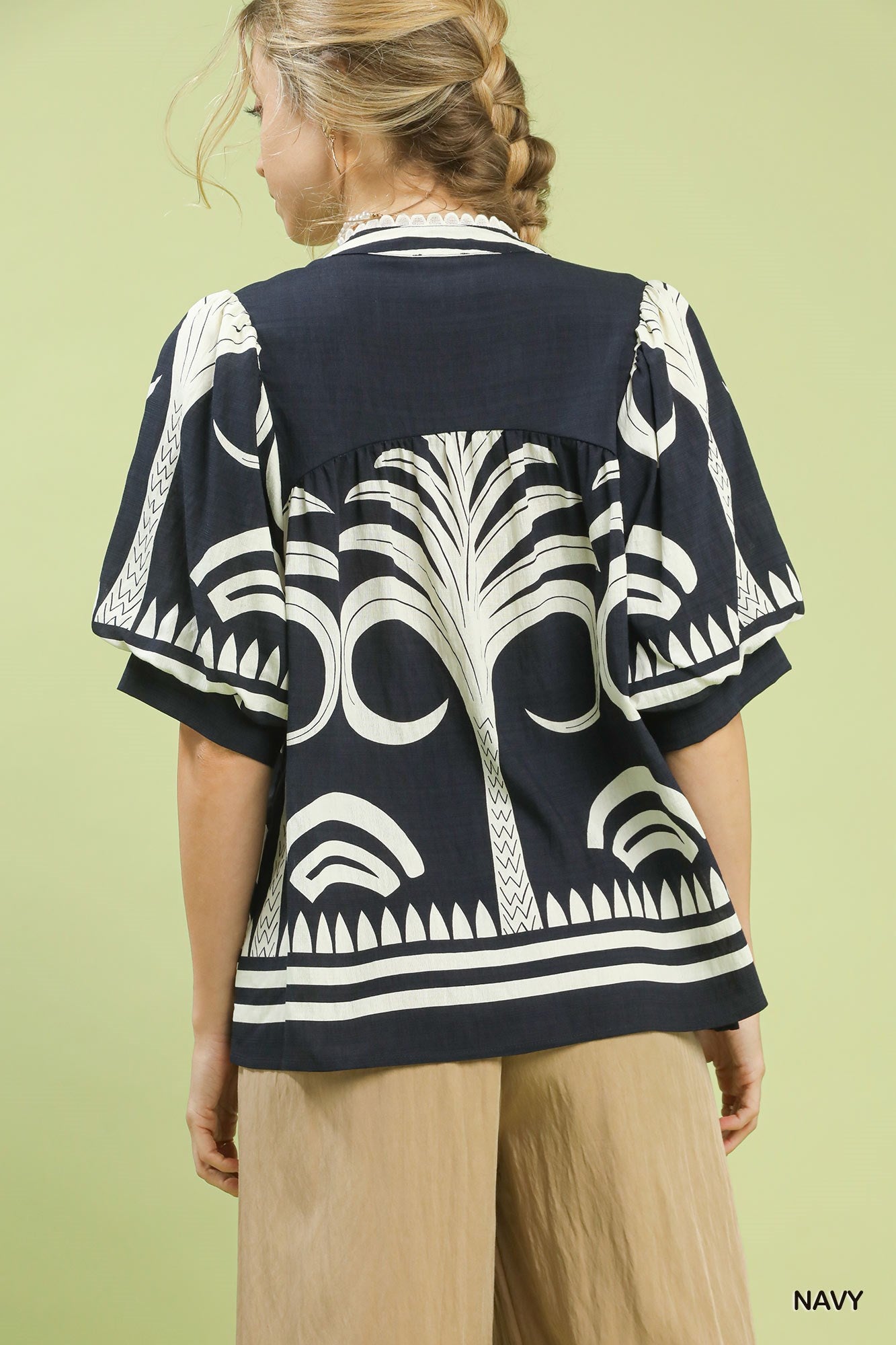 Umgee Folk Art Palm Print V-Neck Top - Navy