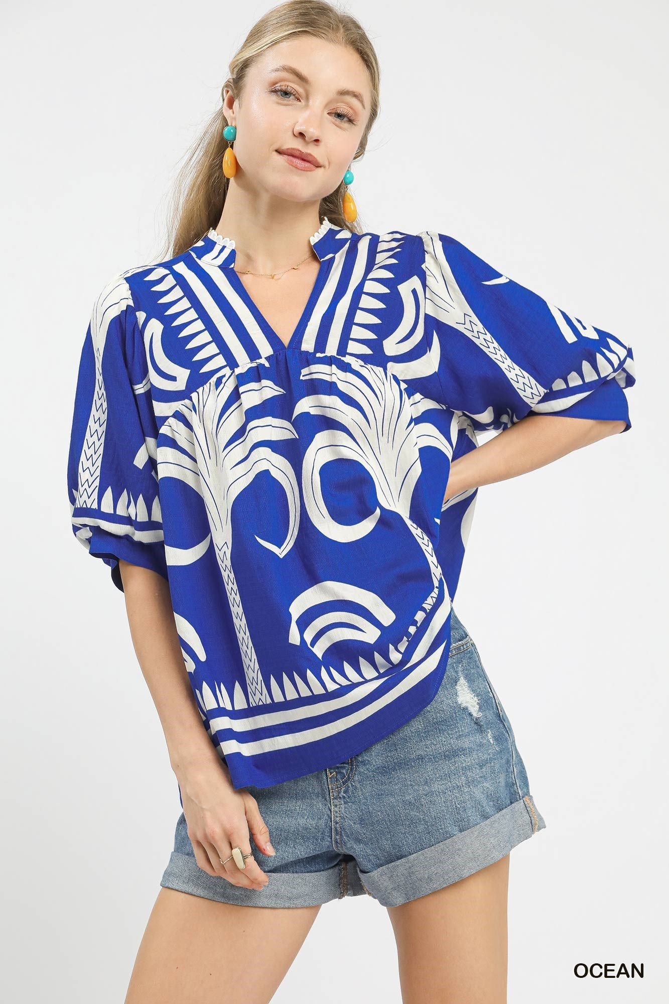 Umgee Folk Art Palm Print V-Neck Top - Ocean Blue