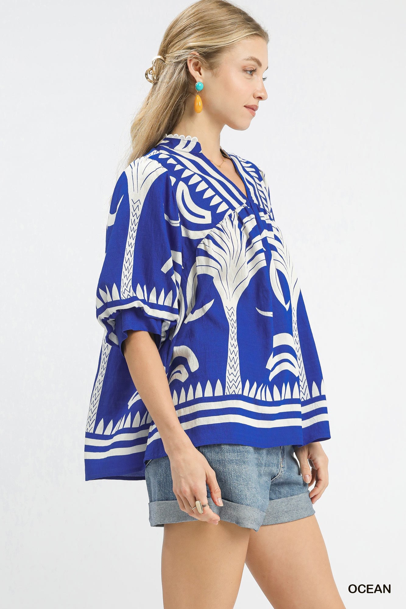 Umgee Folk Art Palm Print V-Neck Top - Ocean Blue