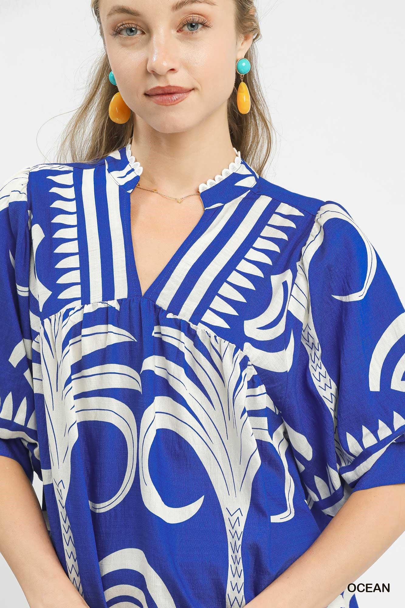 Umgee Folk Art Palm Print V-Neck Top - Ocean Blue