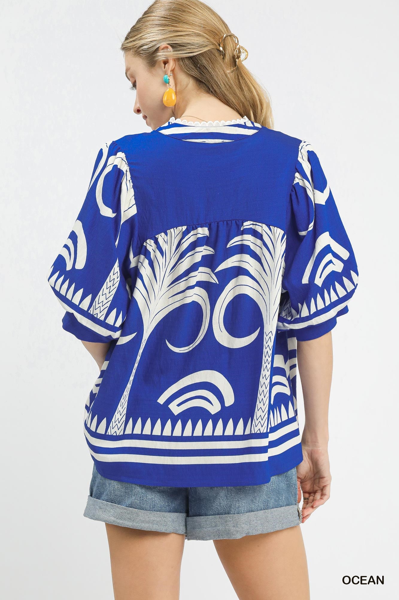 Umgee Folk Art Palm Print V-Neck Top - Ocean Blue