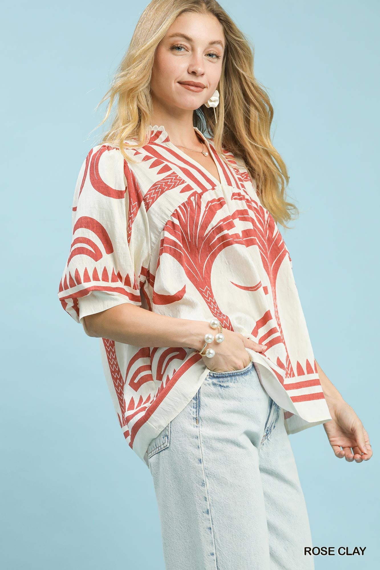 Umgee Folk Art Palm Print V-Neck Top - Rose Clay