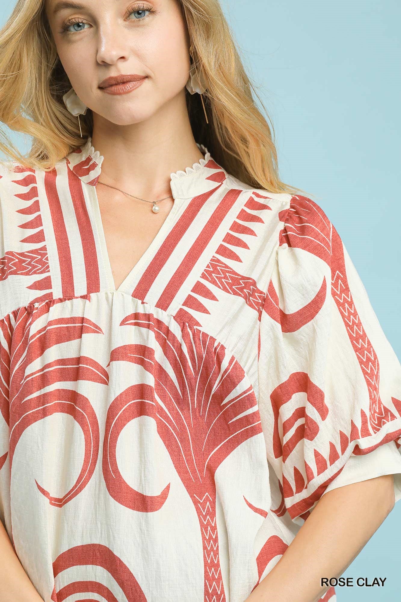 Umgee Folk Art Palm Print V-Neck Top - Rose Clay