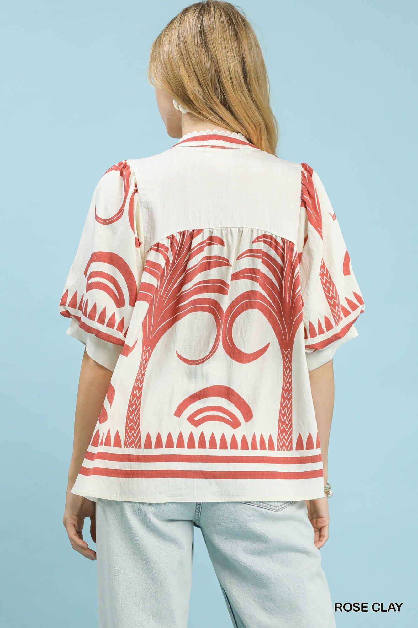 Umgee Folk Art Palm Print V-Neck Top - Rose Clay