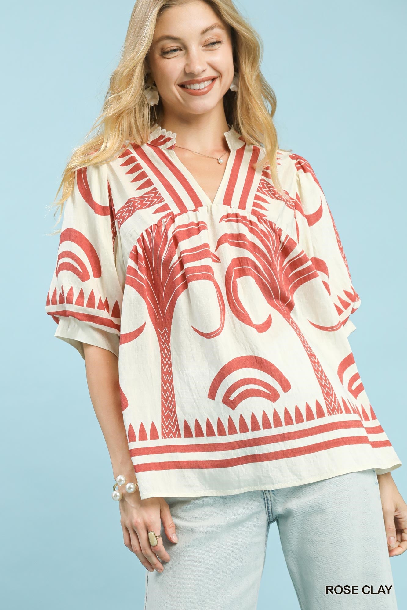 Umgee Folk Art Palm Print V-Neck Top - Rose Clay