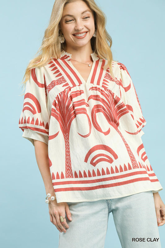 Umgee Folk Art Palm Print V-Neck Top - Rose Clay