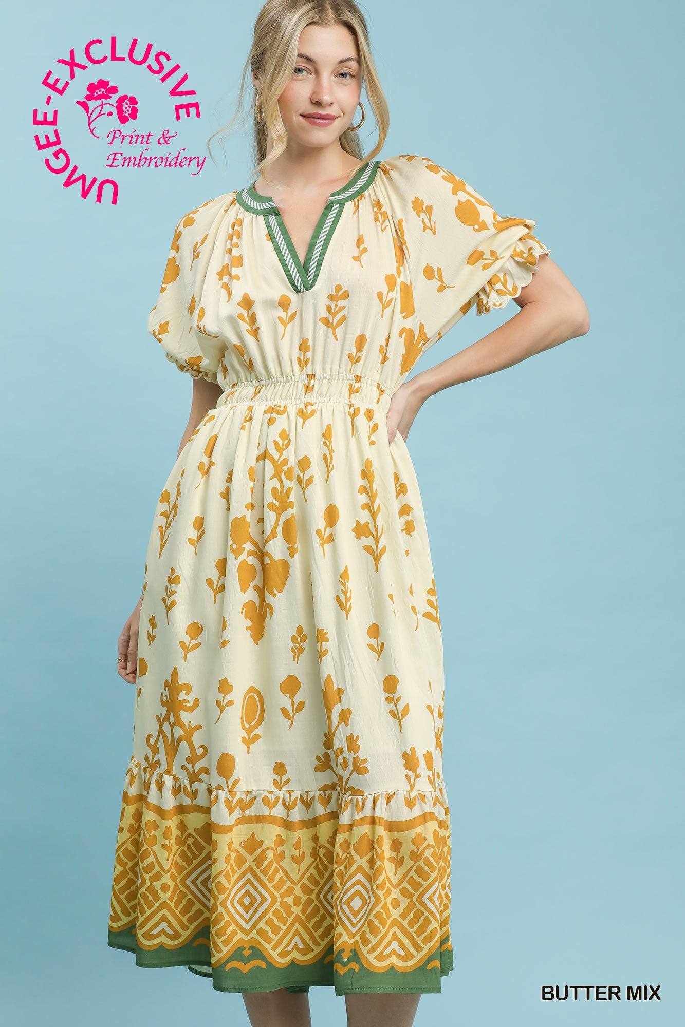 Umgee Floral Smocked Waist Midi Dress - Butter Yellow
