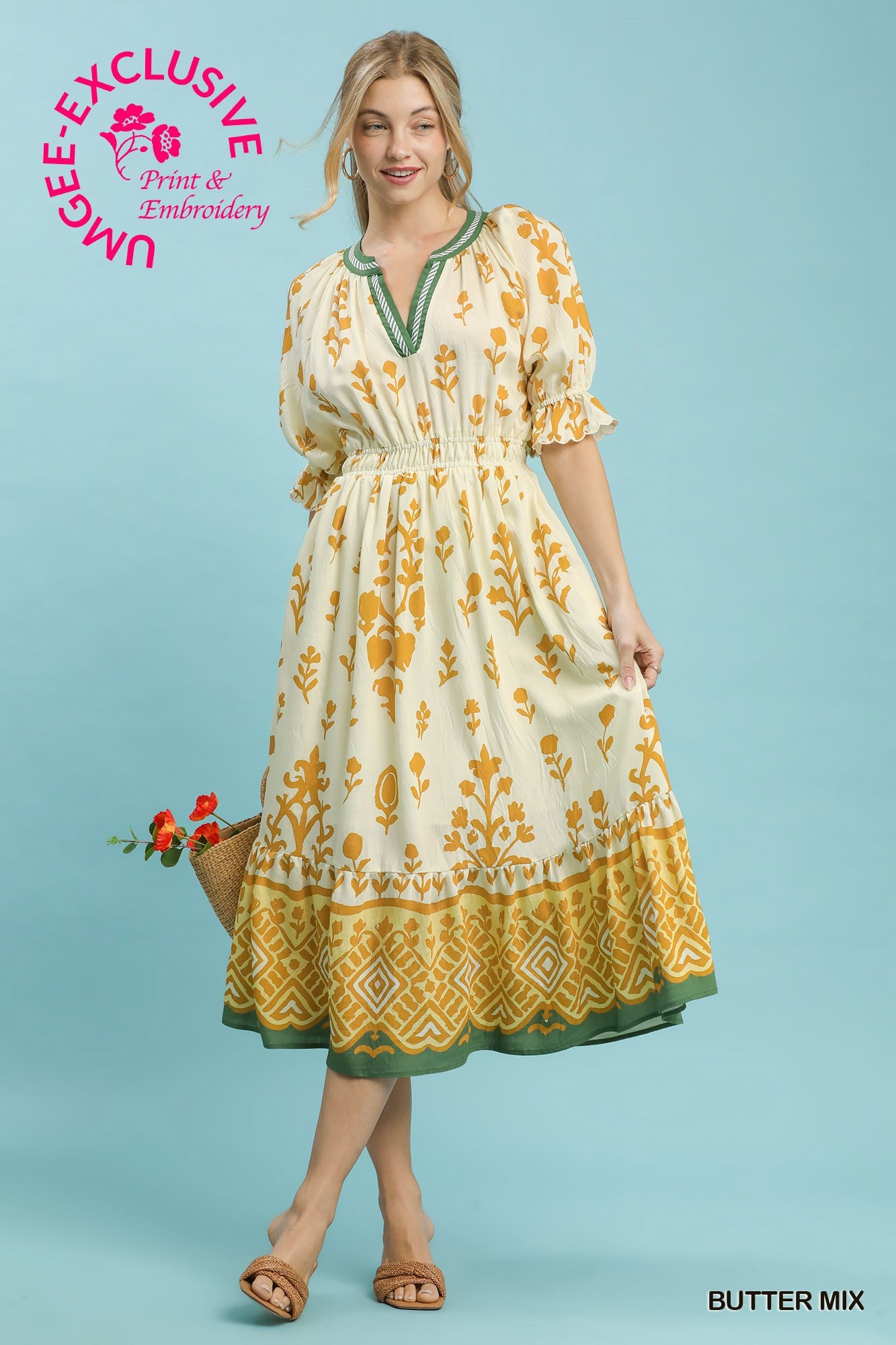 Umgee Floral Smocked Waist Midi Dress - Butter Yellow