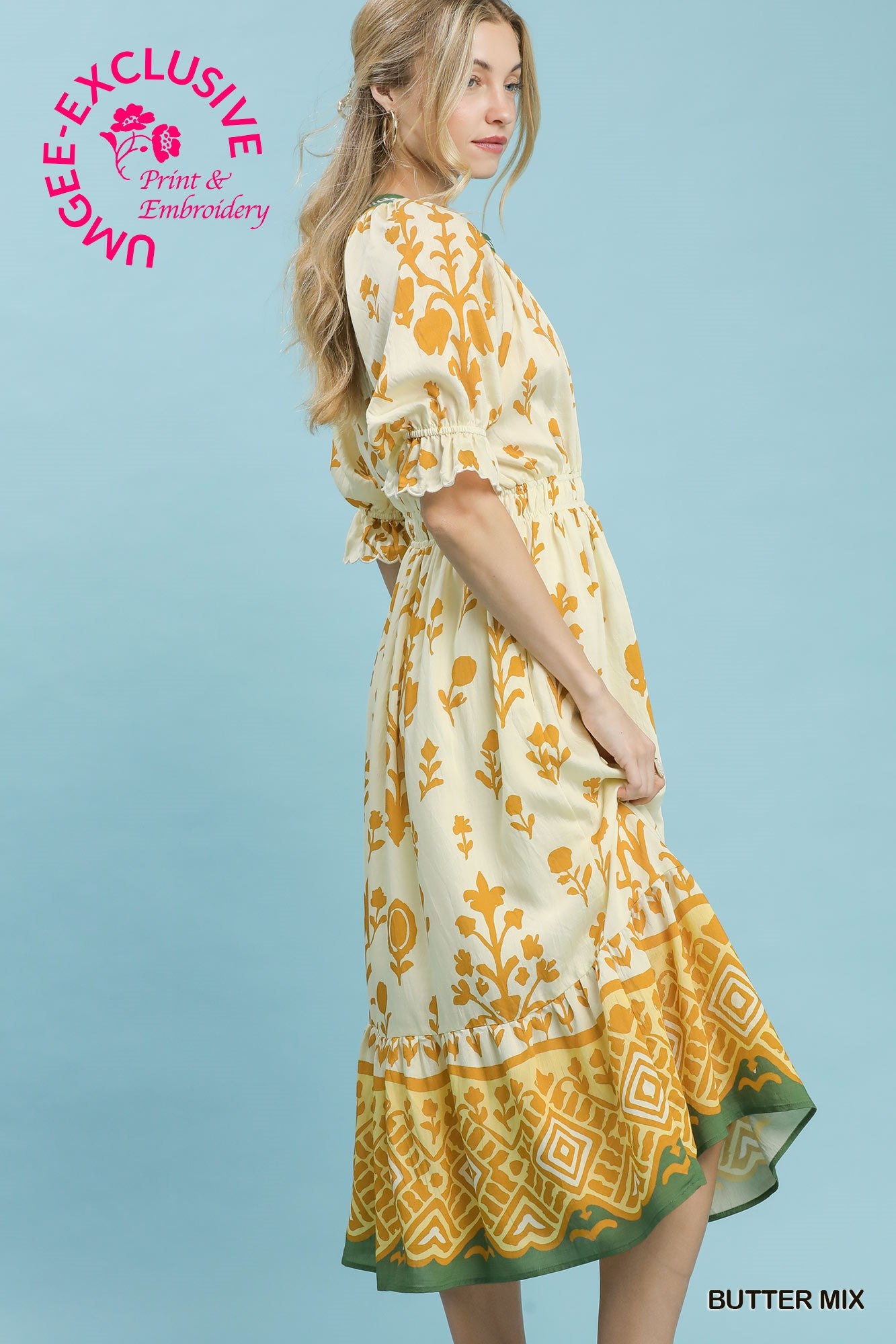 Umgee Floral Smocked Waist Midi Dress - Butter Yellow