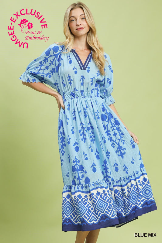 Umgee Floral Smocked Waist Midi Dress - Blue