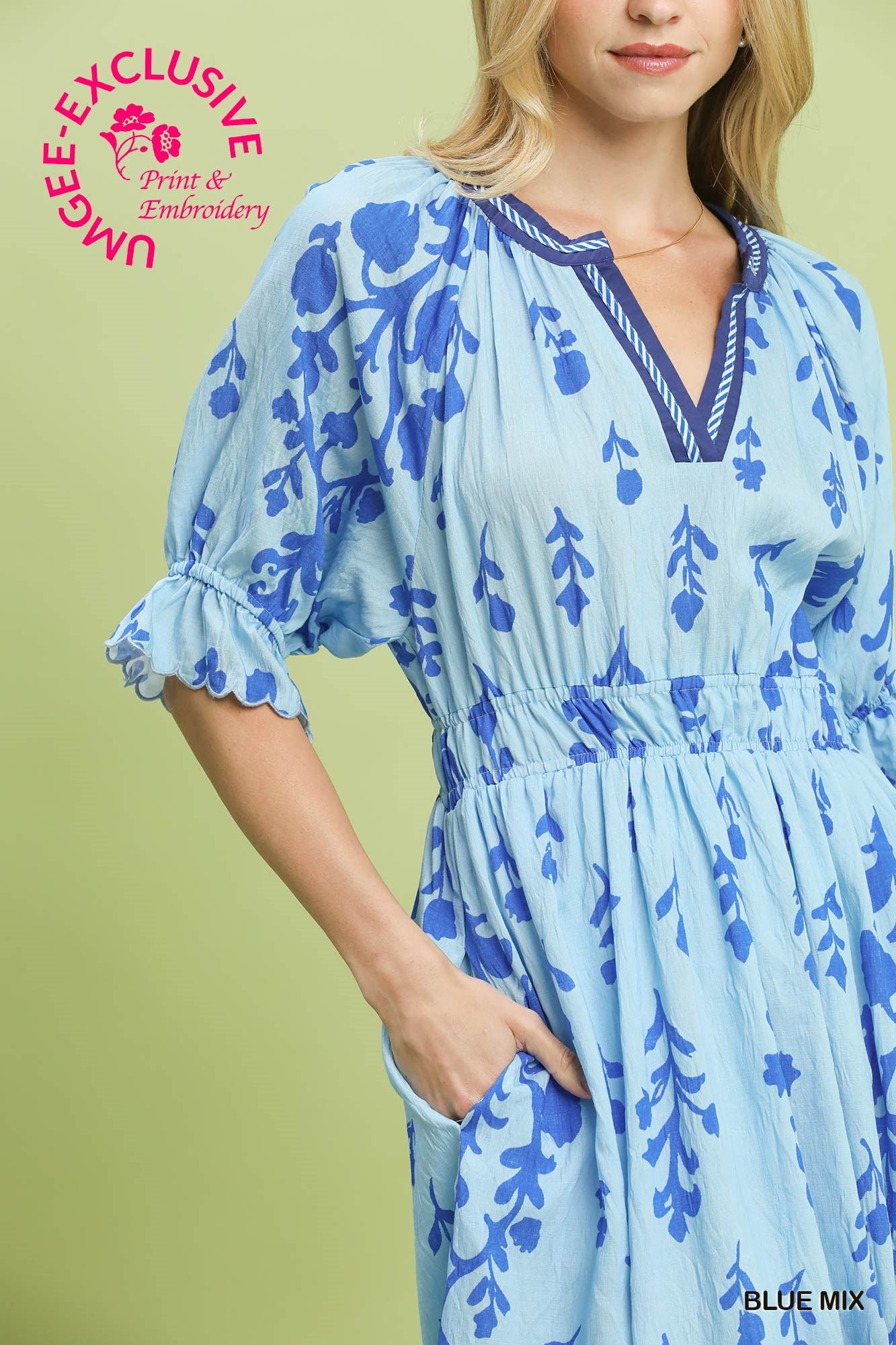 Umgee Floral Smocked Waist Midi Dress - Blue