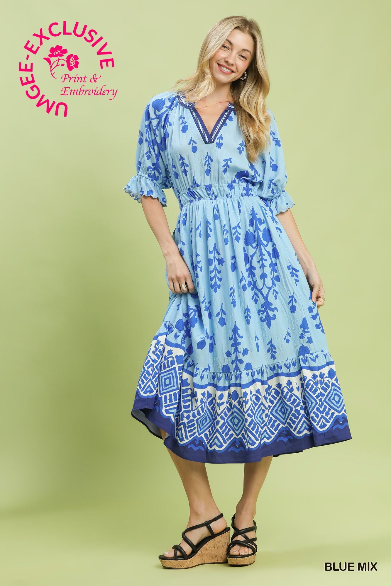 Umgee Floral Smocked Waist Midi Dress - Blue