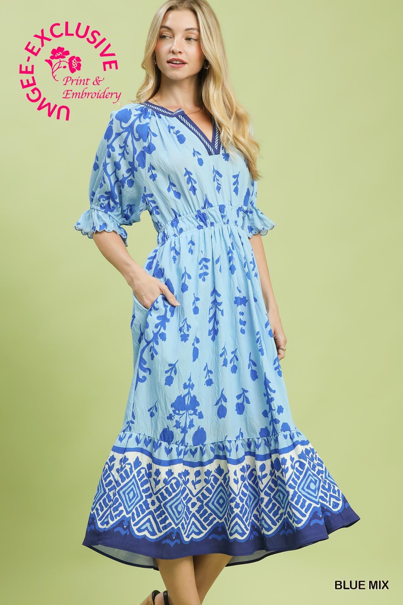 Umgee Floral Smocked Waist Midi Dress - Blue