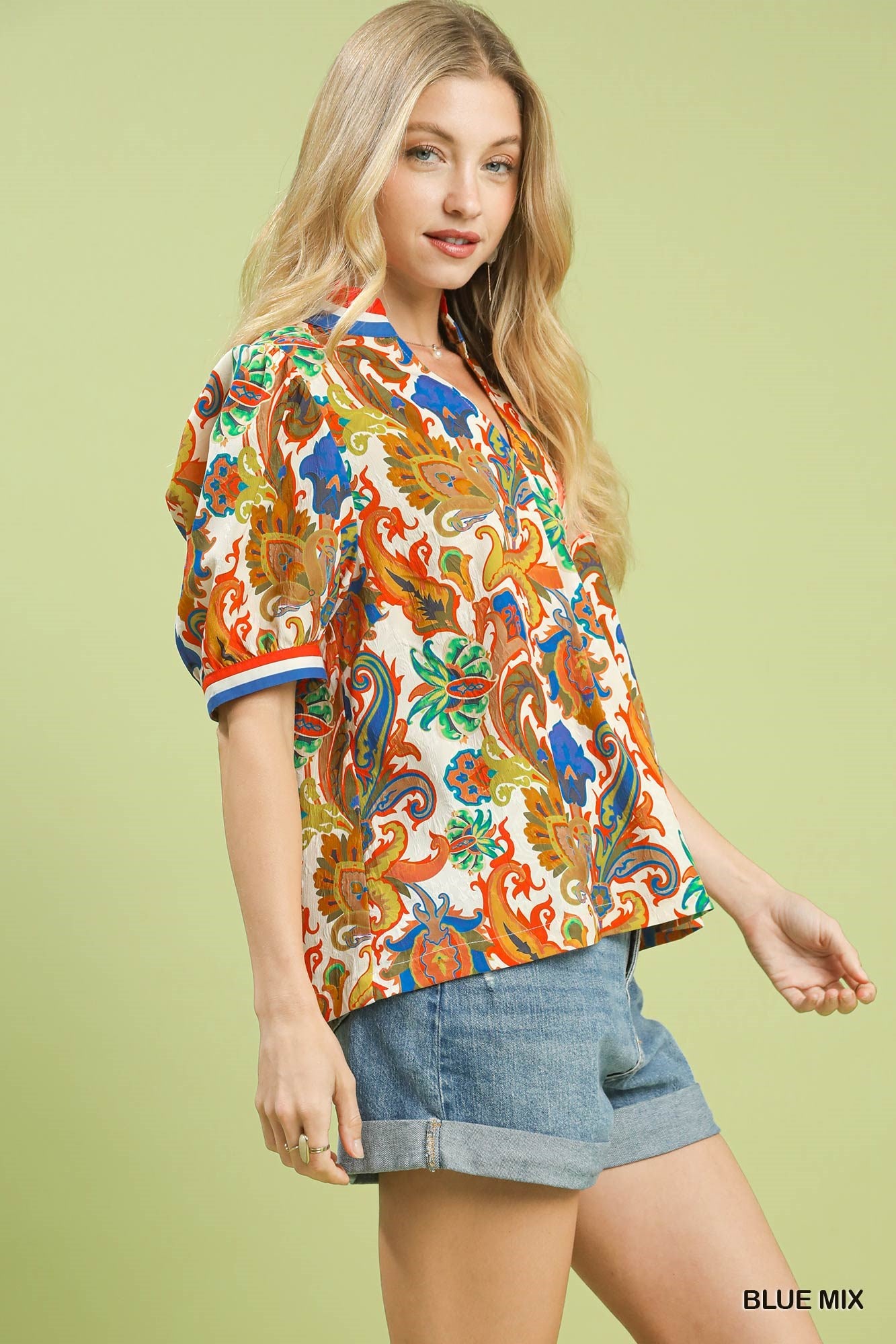Umgee Blue Jacquard Abstract Print Top