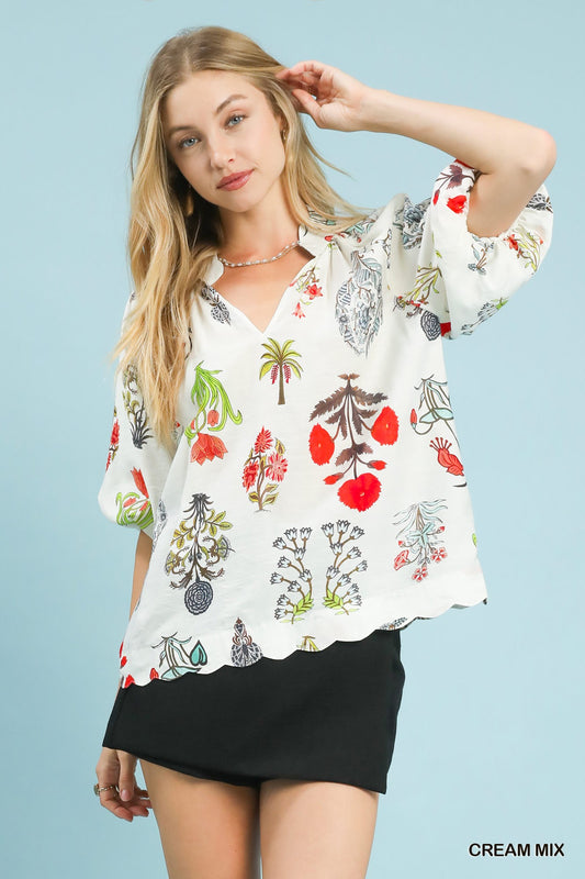 Umgee Split Neck Floral Print Blouse with Scalloped Edge