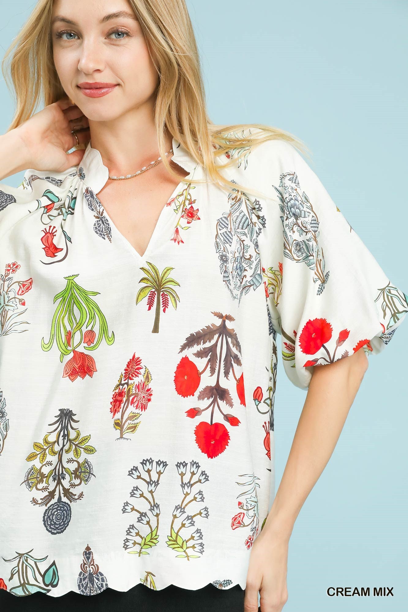 Umgee Split Neck Floral Print Blouse with Scalloped Edge