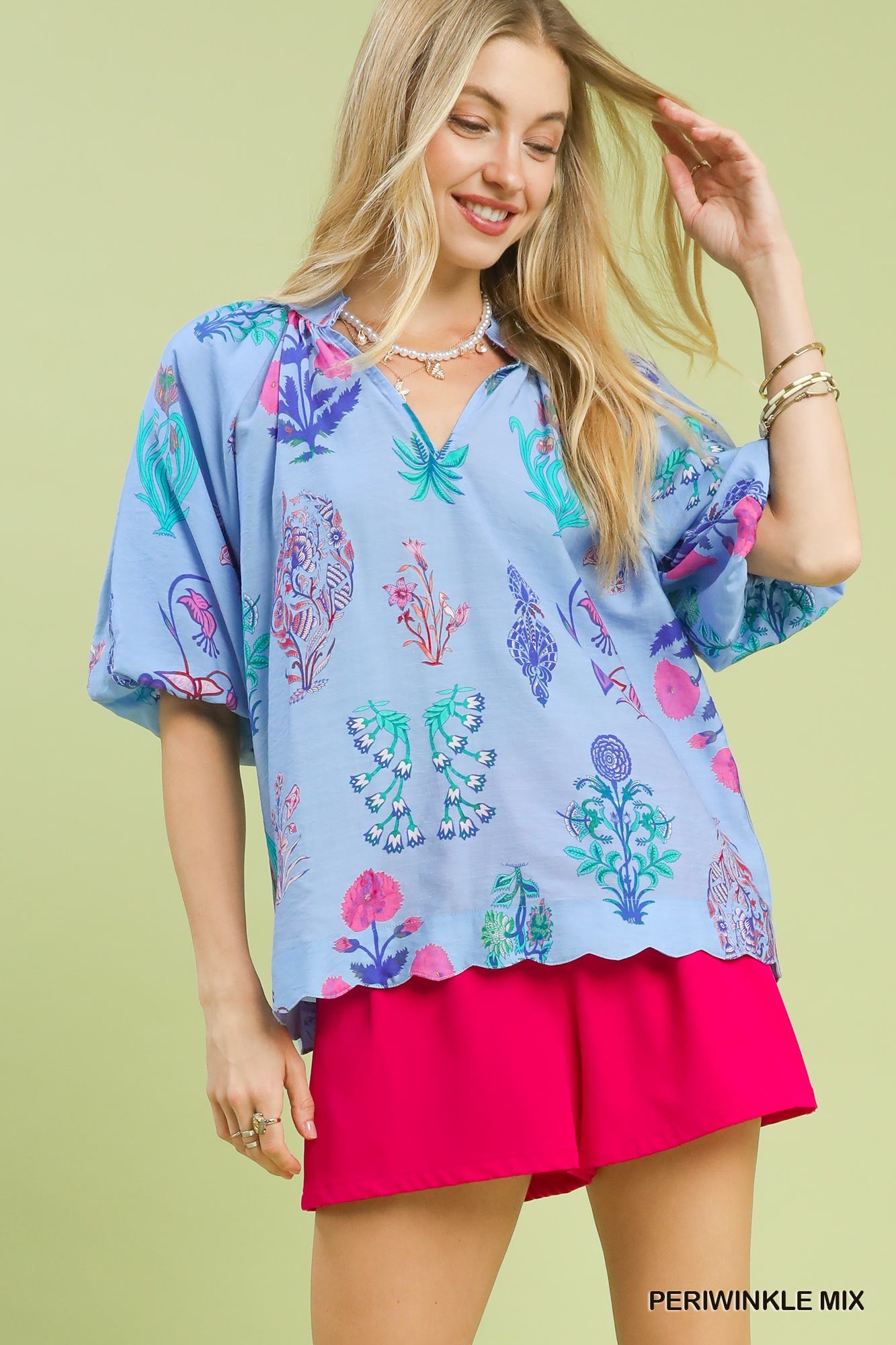 Umgee Periwinkle Floral Encyclopedia Blouse