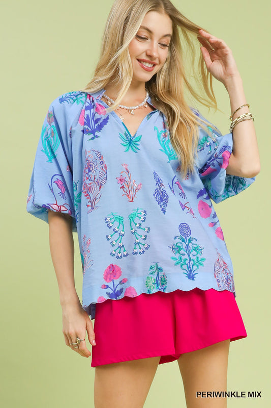 Umgee Periwinkle Floral Encyclopedia Blouse