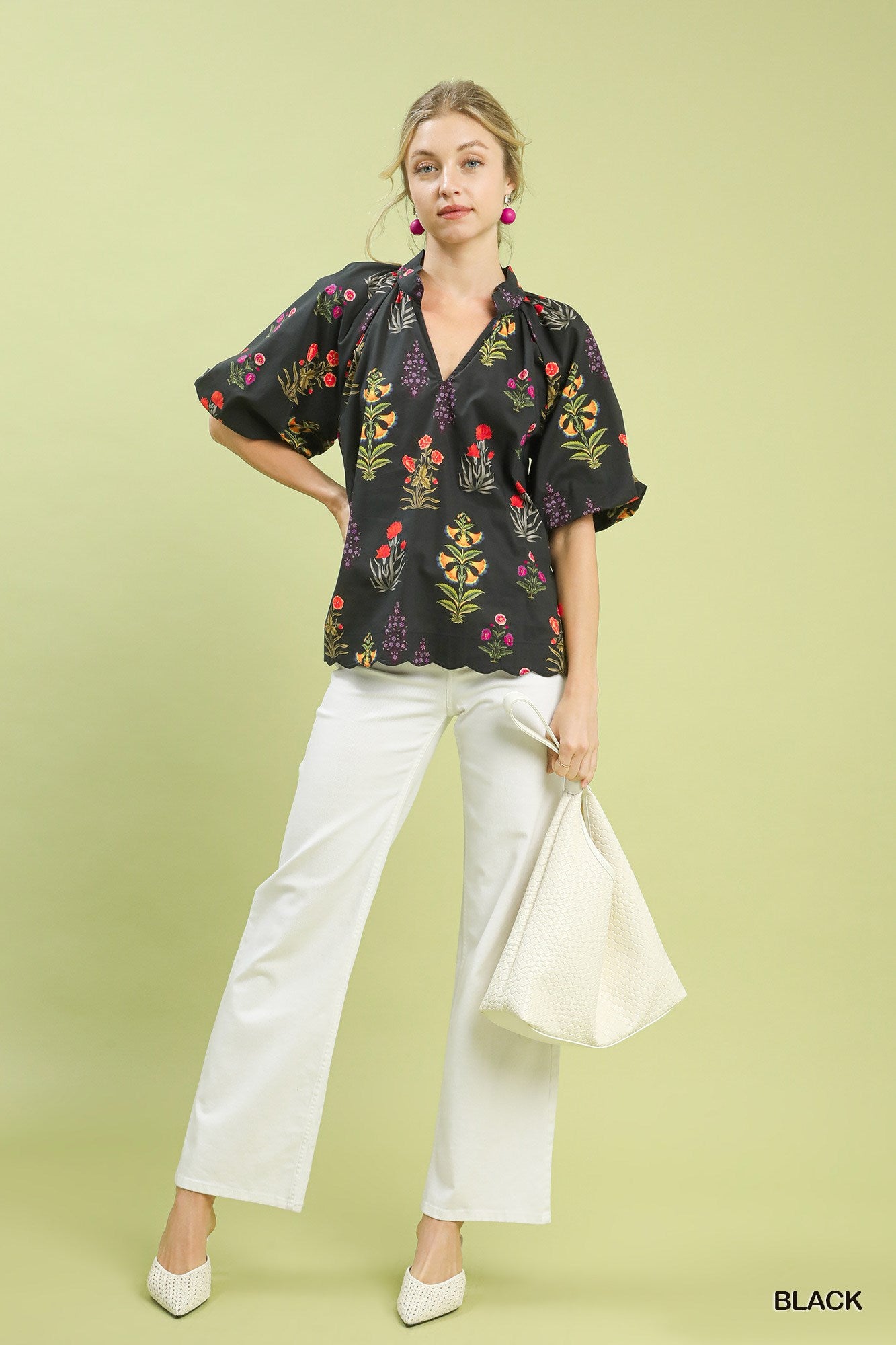 Umgee Multicolor Floral Scallop Hem Top - Black