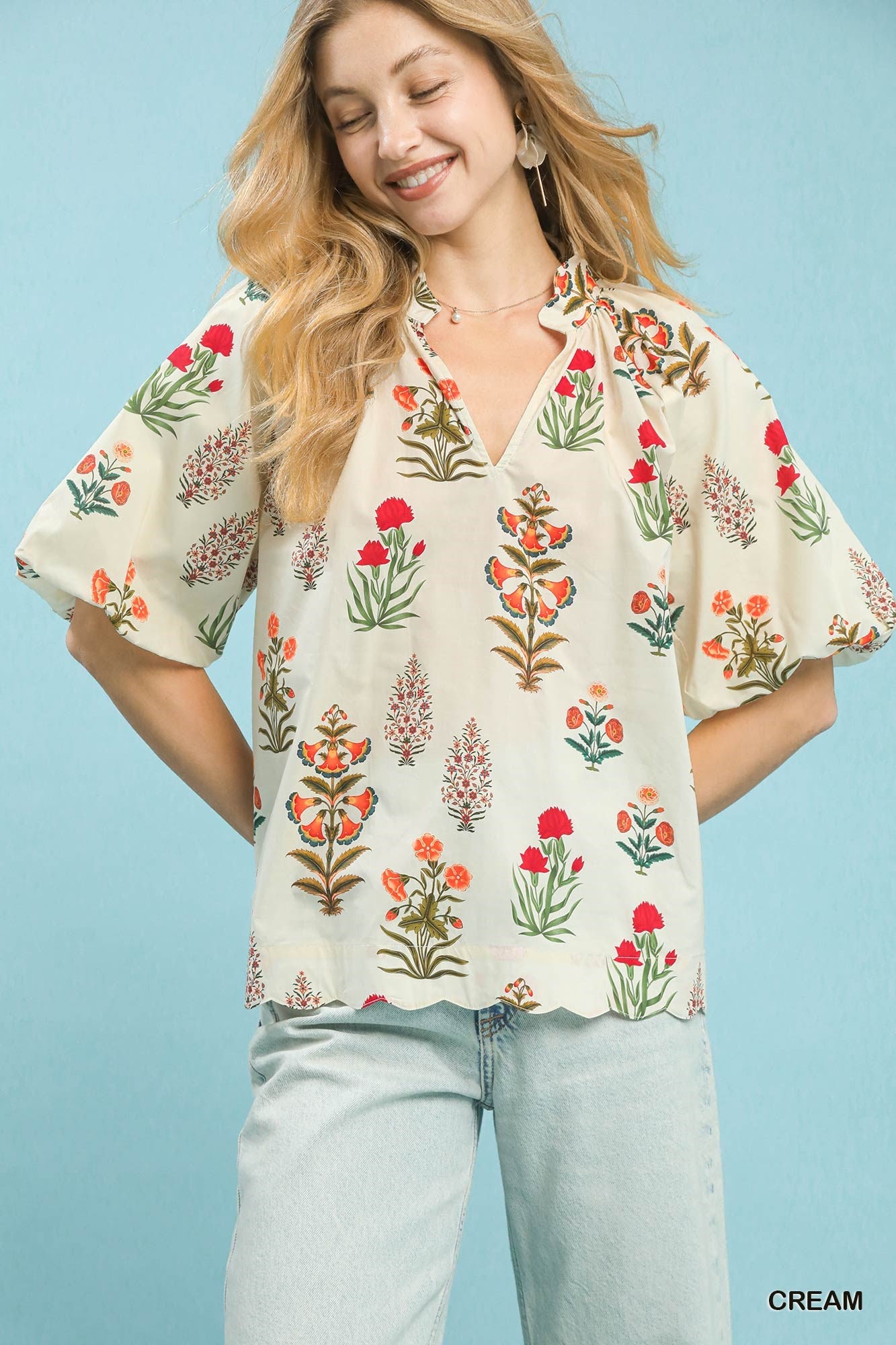 Umgee Multicolor Floral Scallop Hem Top - Cream